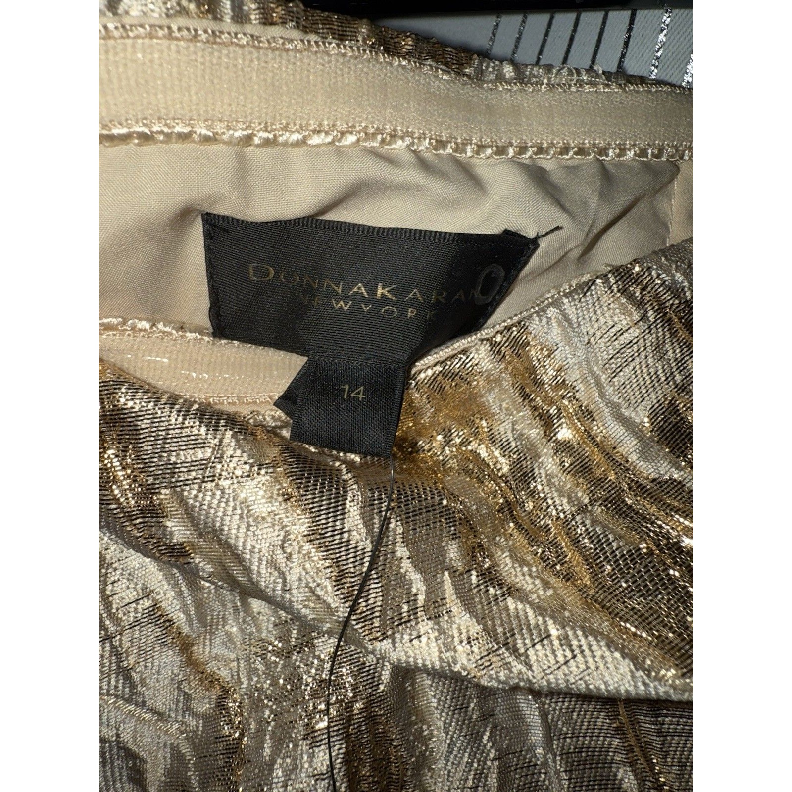 Donna Karan New York Gold Metallic Jacquard Cocktail Dress 14 Strapless Ruffle — image 3 of 5